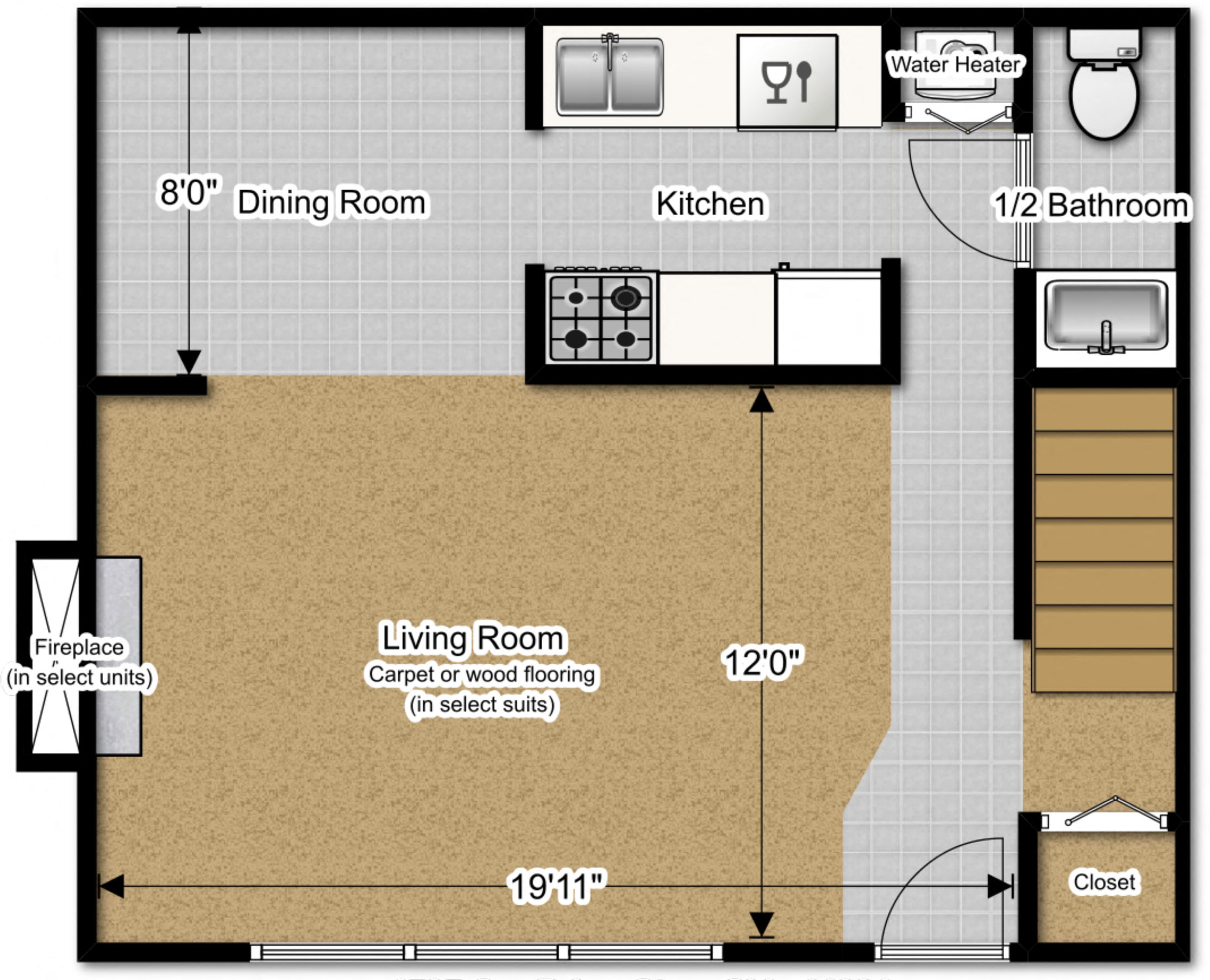 2 Bedroom 1 1/2 Bath Townhome first floor 980 Sq. Ft at Huntington Hills Townhomes, Integrity Realty, Stow, OH, 44224